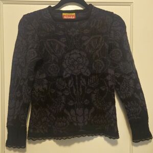 100% Norwegian Wool, Floral Patterned Black and Blue Sweater Sx Extra Small